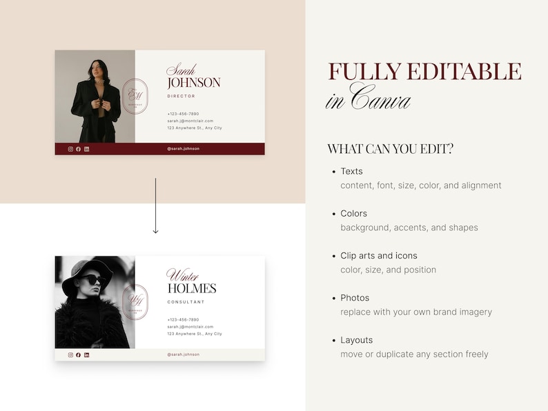 Op de afbeelding: Visitekaart templates met foto's van personen, namen en titels in elegante lettertypen. Het ontwerp bevat een bordeauxrode accentkleur en de tekst "FULLY EDITABLE in Canva".