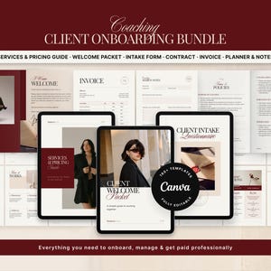 Puede incluir: Un paquete digital de incorporación de clientes con una combinación de colores burdeos y crema. La imagen incluye una variedad de plantillas para servicios, precios, paquetes de bienvenida, formularios de admisión, contratos, facturas y notas. El texto incluye "Coaching Client Onboarding Bundle".