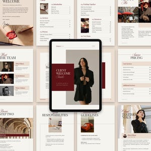 Könnte beinhalten: Ein digitales Tablet, das einen "Client Welcome Guide" mit einer Frau in einem schwarzen Blazer anzeigt. Um das Tablet herum befinden sich Seiten mit Text und Bildern, darunter "Meet the Team" und "Service Pricing".