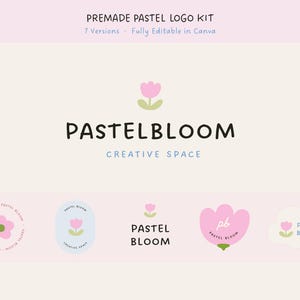 May include: A digital logo kit titled PREMADE PASTEL LOGO KIT, 7 Versions, Fully Editable in Canva. The design features the text PASTELBLOOM CREATIVE SPACE in black and blue, accompanied by various pink flower icons and shapes on a light background.