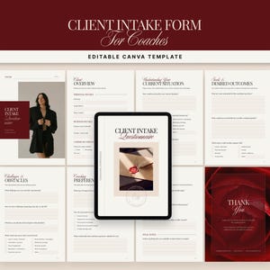 May include: A digital template for coaches, featuring a client intake form. The design includes a woman in a black blazer, a tablet displaying a questionnaire, and various form sections. The text reads "Client Intake Form For Coaches" and "Editable Canva Template."