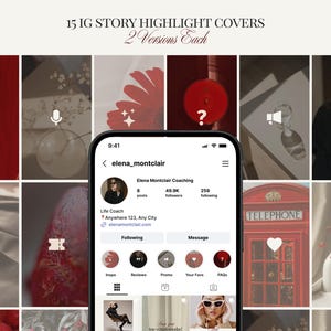 Op de afbeelding: Een mockup van een Instagram-profiel met highlight covers in rood, beige en wit. Het profiel toont de naam "elena_montclair" en de tekst "15 IG STORY HIGHLIGHT COVERS 2 Versions Each".
