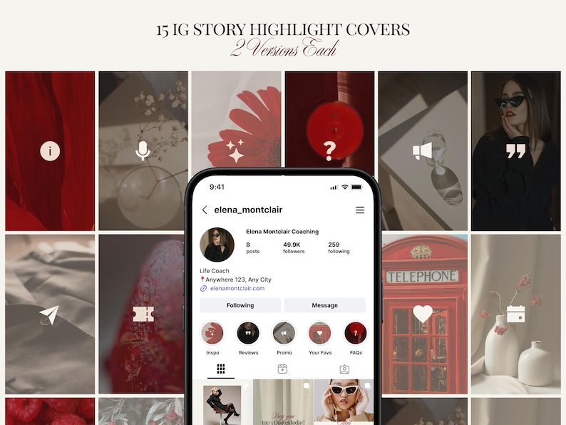 Op de afbeelding: Een mockup van een Instagram-profiel met highlight covers in rood, beige en wit. Het profiel toont de naam "elena_montclair" en de tekst "15 IG STORY HIGHLIGHT COVERS 2 Versions Each".