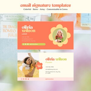 Puede incluir: Plantillas de firma de correo electrónico con un diseño retro. La plantilla superior presenta un marco en forma de flor con una mujer sosteniendo flores. La plantilla inferior tiene una mujer con un vestido amarillo. Ambas plantillas incluyen información de contacto.