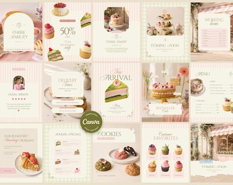 100 Bakery Instagram Templates Canva Editable Cottagecore Brand, Coquette Cupcake Instagram Kit, Cakery Templates, Cafe Coffee Shop