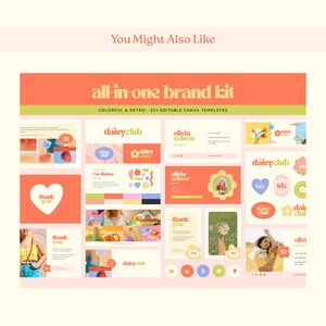 May include: A colorful and retro all-in-one brand kit with 25 editable Canva templates. The design features a daisy theme with the text "daisyclub" and "Olivia Wilson". The color palette includes orange, green, and pink.