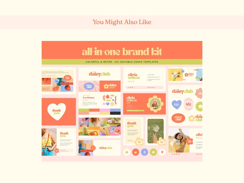 May include: A colorful and retro all-in-one brand kit with 25 editable Canva templates. The design features a daisy theme with the text "daisyclub" and "Olivia Wilson". The color palette includes orange, green, and pink.