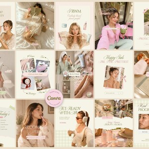 Peut inclure: Une collection de quinze modèles pour réseaux sociaux présentant des palettes de couleurs beige et rose doux, une typographie élégante et diverses images lifestyle incluant des produits de soin, des routines matinales et des thèmes de beauté.
