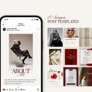 Op de afbeelding: Een smartphone toont een social media post met een vrouw in een zwarte outfit en een set van 10 Instagram post templates. De templates bevatten verschillende ontwerpen met tekst als "Transformation" en "Booking Now Open."