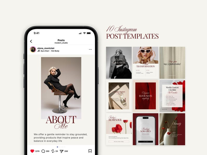 Op de afbeelding: Een smartphone toont een social media post met een vrouw in een zwarte outfit en een set van 10 Instagram post templates. De templates bevatten verschillende ontwerpen met tekst als "Transformation" en "Booking Now Open."