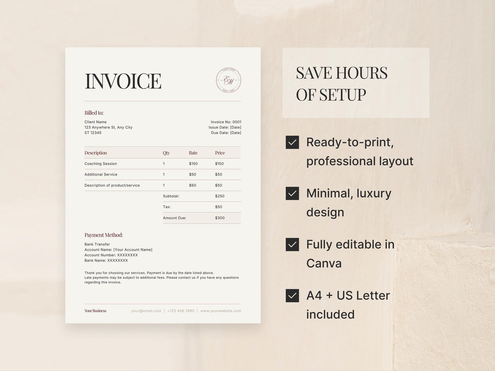 Invoice Template Canva Editable, Printable Invoice Template, Coaching ...