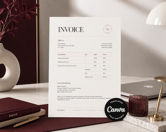 Puede incluir: Un documento de plantilla de factura blanco con texto negro que incluye secciones para detalles del cliente, descripciones, cantidades, tarifas y precios. El documento presenta un encabezado INVOICE y un logotipo circular, con una pegatina negra de Canva.