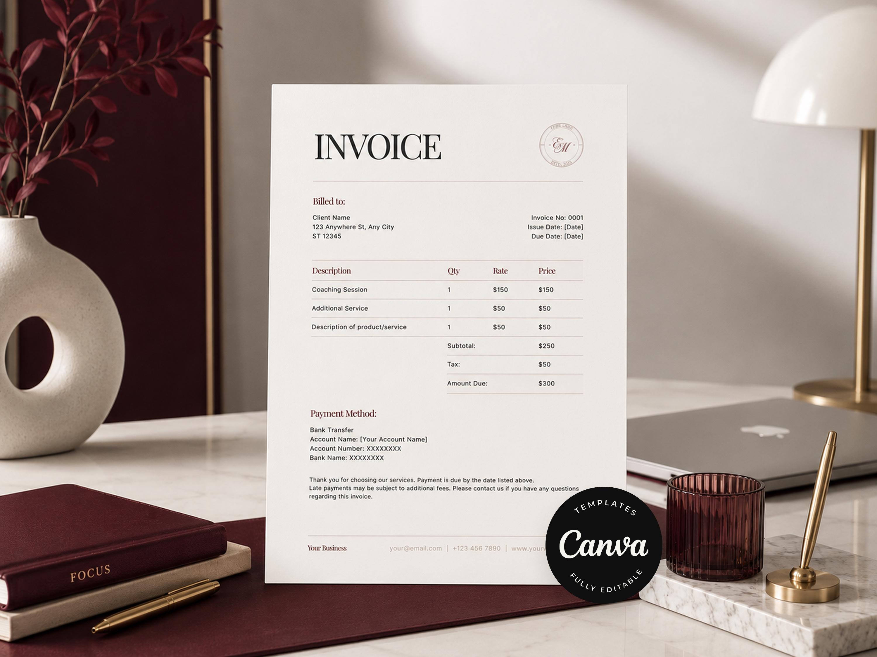 Invoice Template Canva Editable, Printable Invoice Template, Coaching ...