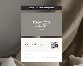 Plantilla de tarjeta de presentación con código QR en Canva, tarjeta de presentación editable, marca minimalista moderna, diseño de tarjeta de presentación para pequeñas empresas.