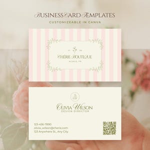 May include: Two business card templates. The top card has pink and white vertical stripes with the text "CHERIE BOUTIQUE" in a floral frame. The bottom card is cream-colored with the text "OLIVIA WILSON DESIGN DIRECTOR". Contact information and a QR code are also present.