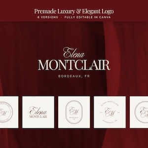 May include: A burgundy background with the text "Premade Luxury & Elegant Logo" and "Elena MONTCLAIR BORDEAUX, FR." Six logo variations are displayed in white squares, each featuring the initials "EM" in a circular or oval design.