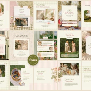 May include: A collection of fifteen digital social media templates featuring a soft color palette of cream, light pink, and sage green. The designs include various layouts for text, photography, and graphics, all centered around a cohesive aesthetic.