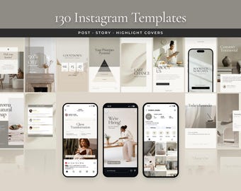 Minimalist Instagram Templates Complete Social Media Kit Canva Templates: Modern Beige Posts, Stories, Highlights