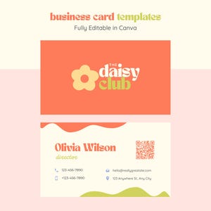 May include: Business card templates with a retro design. The top card features a daisy flower graphic and the text "The Daisy Club" on an orange background. The bottom card has contact information for Olivia Wilson, including phone number and email.