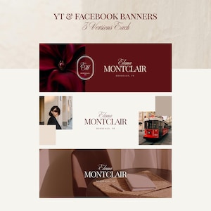 Op de afbeelding: Digitaal ontwerp met drie bannerlayouts voor YouTube en Facebook. De banners tonen de merknaam "Elma Montclair" in elegante typografie, met afbeeldingen van een bloem, een persoon en een rode tram.