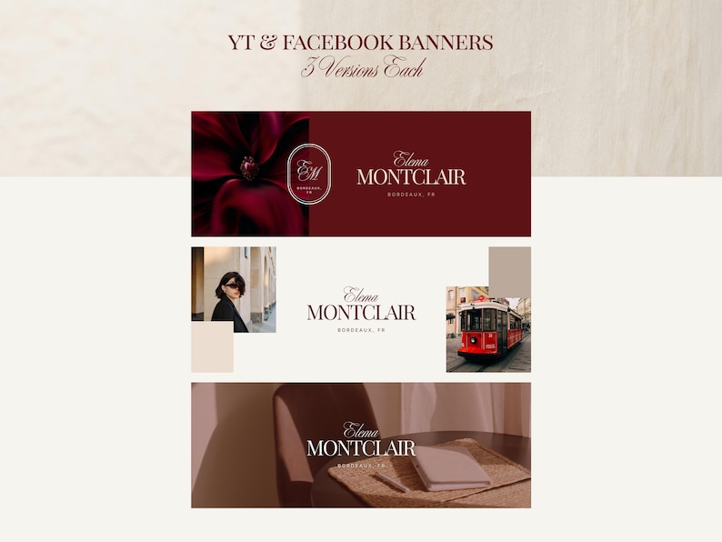 Op de afbeelding: Digitaal ontwerp met drie bannerlayouts voor YouTube en Facebook. De banners tonen de merknaam "Elma Montclair" in elegante typografie, met afbeeldingen van een bloem, een persoon en een rode tram.