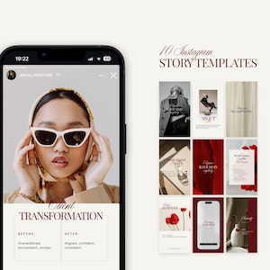 Op de afbeelding: Een smartphonescherm toont een vrouw met een zonnebril en sjaal, met de tekst "Client Transformation". De afbeelding toont ook 10 Instagram story-sjablonen met diverse ontwerpen en tekstoverlays.