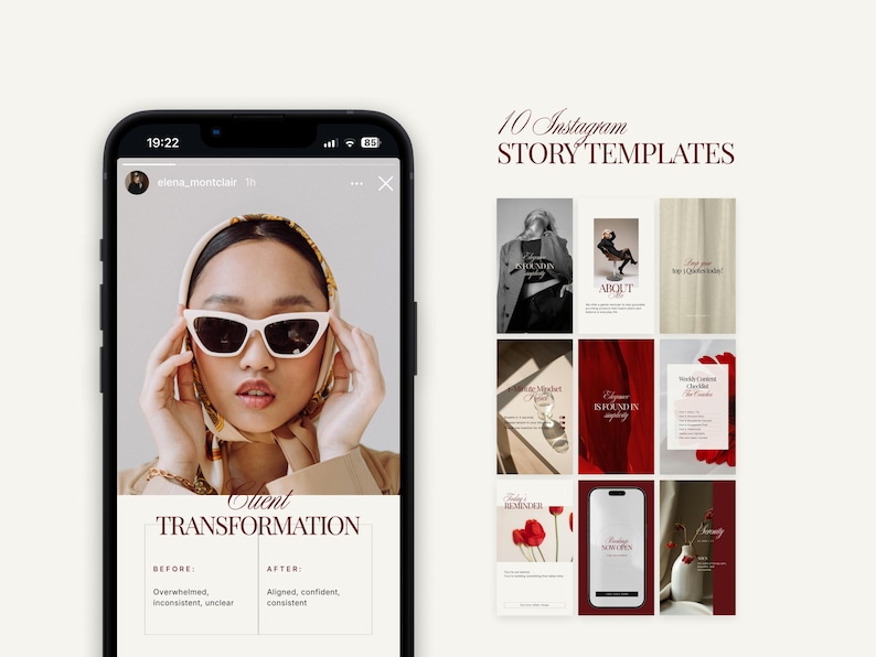 Op de afbeelding: Een smartphonescherm toont een vrouw met een zonnebril en sjaal, met de tekst "Client Transformation". De afbeelding toont ook 10 Instagram story-sjablonen met diverse ontwerpen en tekstoverlays.