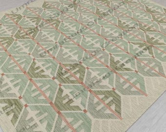 Puede incluir: Una alfombra rectangular con un patrón geométrico. El diseño presenta acentos en verde claro, verde oscuro y melocotón sobre un fondo beige. El patrón consiste en formas interconectadas en forma de hoja y líneas diagonales.