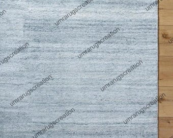 Handmade Light Blue Wool Rug | Modern Minimalist Oushak Carpet