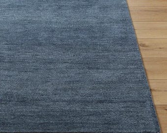Handwoven Navy Blue Wool Rug: Modern Minimalist Decor, Custom Size