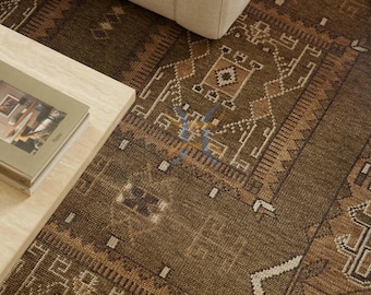 Tapis vintage turc en laine noué à la main, 6'8" x 9'11", olive ébouriffé