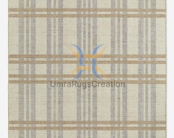 Handmade Wool Kilim Rug, Ivory Blue Plaid, Modern Turkish Style
