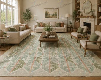 Puede incluir: Una alfombra rectangular grande con un patrón geométrico en tonos verdes, melocotón y crema. La alfombra está colocada en un salón con sofás beige, sillas de madera y una mesa de centro. La habitación tiene una chimenea y grandes ventanas.