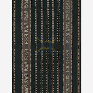 May include: A rectangular, dark green woven rug with vertical stripes and intricate geometric patterns in brown and beige. The rug features a central design and a fringed edge, suitable for home decor.