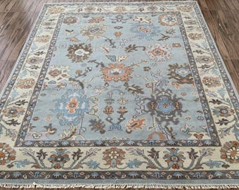 Hand Knotted Oushak Rug, Light Blue Floral Turkish Carpet, 8x10ft Wool Area Rug