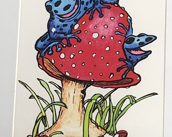 Toxic Amanita Muscaria Mushroom and Poison Dart Frogs Print