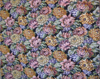 Floral Tapestry, Vintage Fabric, Black Background, Large Multi Color Floral, Green, Lavender, Gold, Pink, Blue