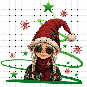 Puede incluir: Una ilustración de un elfo con cabello rubio en trenzas, usando un gorro de Papá Noel rojo con acebo, gafas de sol redondas y una bufanda roja sobre un suéter verde estampado. El fondo presenta un árbol verde y copos de nieve rojos.