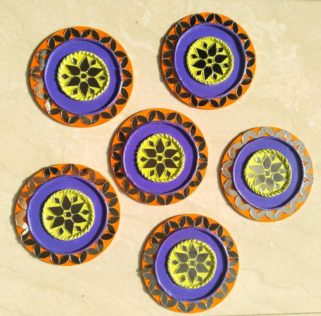 Work Coasters Handmade Mirror Work Coasters | Indian Mandala, Boho Decor, Tealight ...