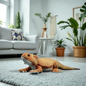 以下が含まれることがあります： 詳細なステッチとリアルな特徴を持つ、オレンジとタン色のひげを生やしたドラゴンのおもちゃ。おもちゃは、ソファと植物を背景に、リビングルームの灰色のラグの上に置かれています。おもちゃの長さは約61cmです。