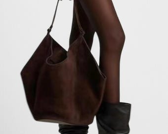 Suede Tote Bag – Minimalist Genuine Leather Handbag, Everyday Tote for Women