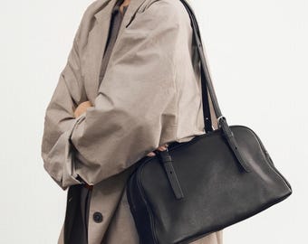 Bolso de lona de piel auténtica: bolso de hombro minimalista con asa superior