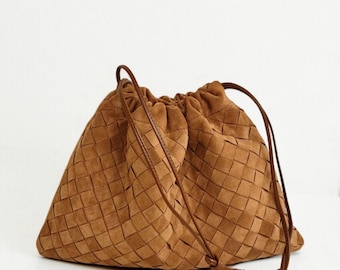 Woven Suede Leather Shoulder Bag, Everyday Tote Handbag