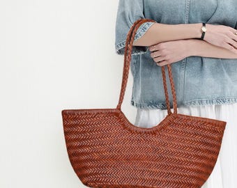 Woven Shoulder Bag Genuine Full Grain Leather Luxury Leather Tote Elegant Woven Leather Handbag for Women