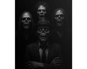 Póster enrollable con cuatro figuras de esqueletos / Arte mural de terror, gótico oscuro