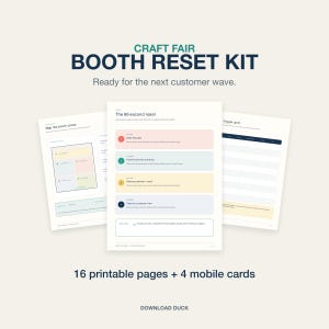 Könnte beinhalten: Ein digitales Set zur Neugestaltung von Messeständen mit 16 druckbaren Seiten und 4 mobilen Karten. Das Dokument enthält den Text CRAFT FAIR BOOTH RESET KIT, Ready for the next customer wave, Map the booth zones und The 60-second reset.