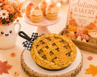 Mini Cast Iron Skillet Faux Apple Pie,  Mini Fall Apple Pie with Buffalo Check Bow,  Autumn Bakery Display, Thanksgiving Tiered Tray