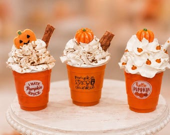 Mini Coffees with Faux Whipped Cream, Mini Faux Pumpkin Spice Coffee Decor, Fall Tiered Tray Decor, Pumpkin Coffee Cup, Autumn Shelf Sitter
