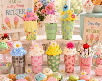 Mini Spring/Floral Tumblers/Teapot with Faux Whipped Cream