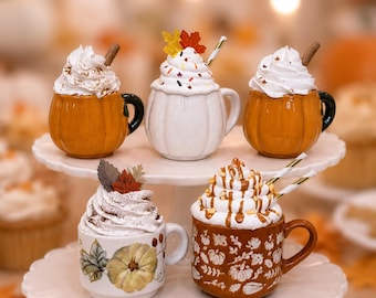 Mini Faux Fall Coffee Mugs with Faux Whipped Cream, Pumpkin Spice Autumn Tiered Tray Decor, Fall Pumpkin Decor for Coffee Bar